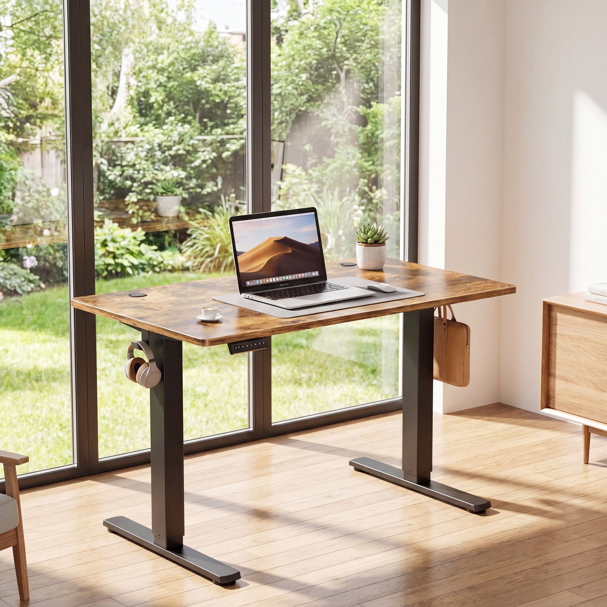 UPDesk Pro Antique Wood - Sunlit Home Office with Garden View