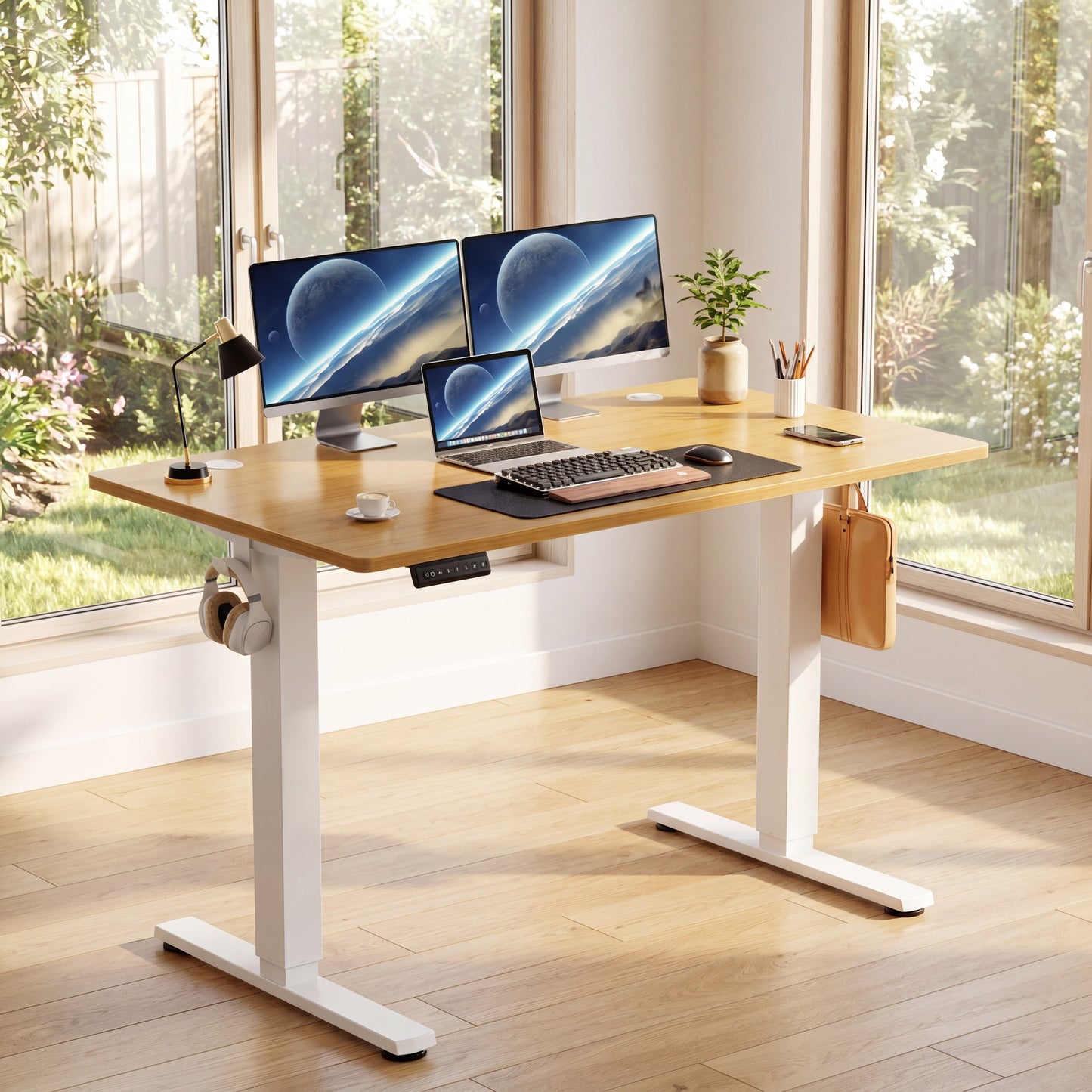 UPDesk Pro Bamboo - Bright Home Office Setup with Dual Monitors