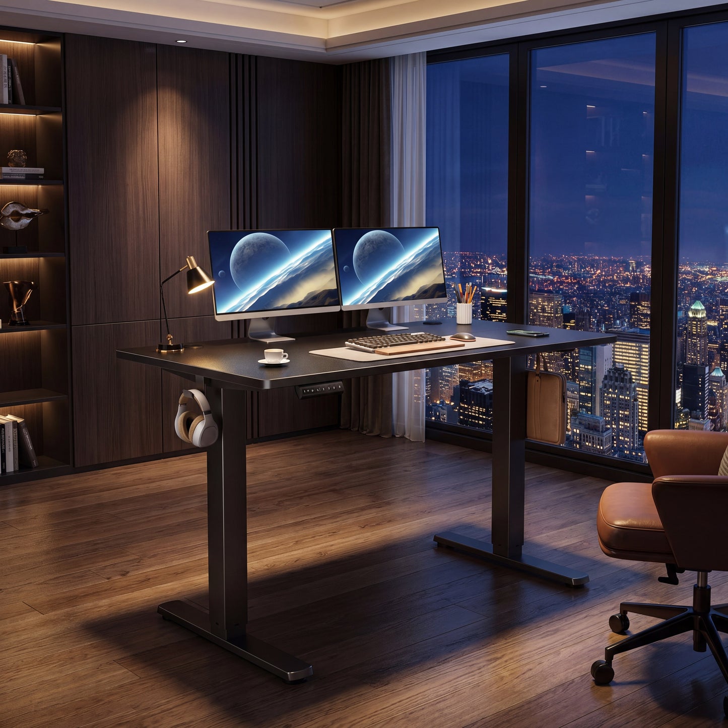 UPDesk Pro Black - Executive Office with City Skyline at Night